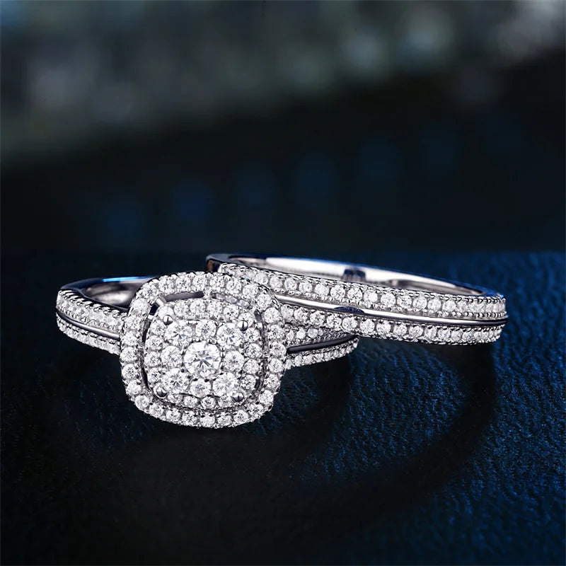 Huitan Fashion Cushion Shaped Cubic Zirconia 2Pcs Set Rings for Women Elegant Wedding Bridal Rings Bling Hot Jewelry Wholesale