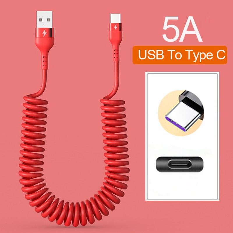 66W 5A USB Type C Data Cable 3A Micro USB Spring Pull Telescopic Fast Charging Cable for Android Phone Accessories Car USB Cable