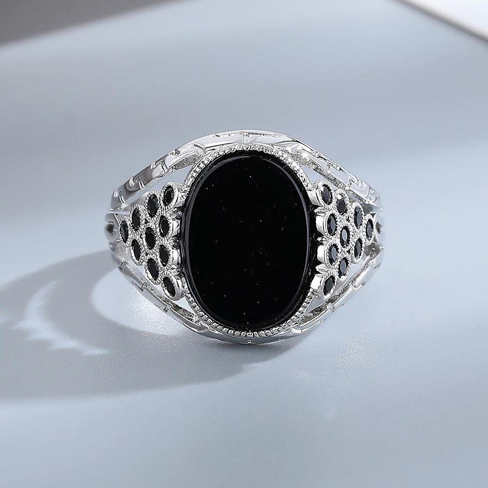 Vintage Black Agate Silver Ring - Jeglowstore
