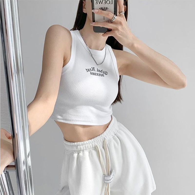 Women's Tank Top Ribbed Knitted Embroidery Letter Vest Female Summer Clothing Crop top White Black Casual Short Tight Sport Tops