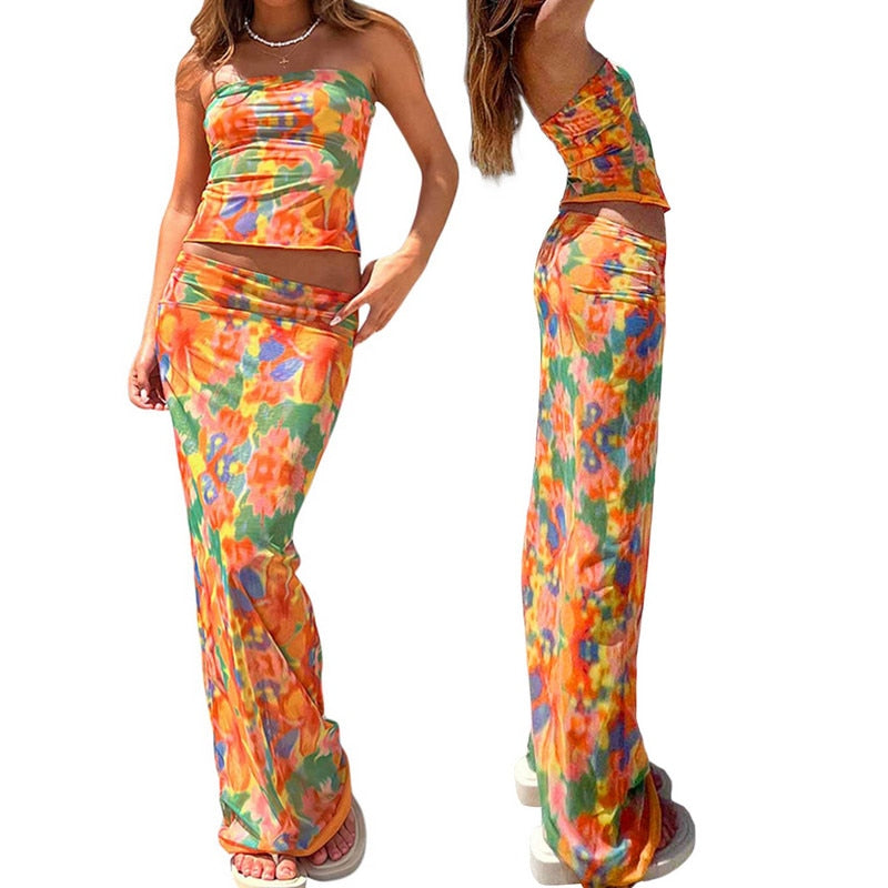 Two Piece Skirt Set Women's Suit y2k Clothes Summer 2023 Sexy Outfit Cropped Top and Split Skirt Chic Elegant Female Clothing