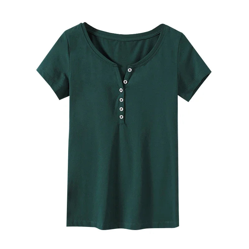 Women’s V-Neck Button Cotton T-Shirt