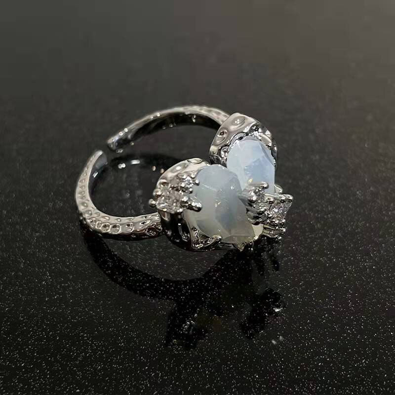 Kpop Crystal Love Heart Open Ring For Women Wedding Luxury Vintage Jewelry Y2K Accessories