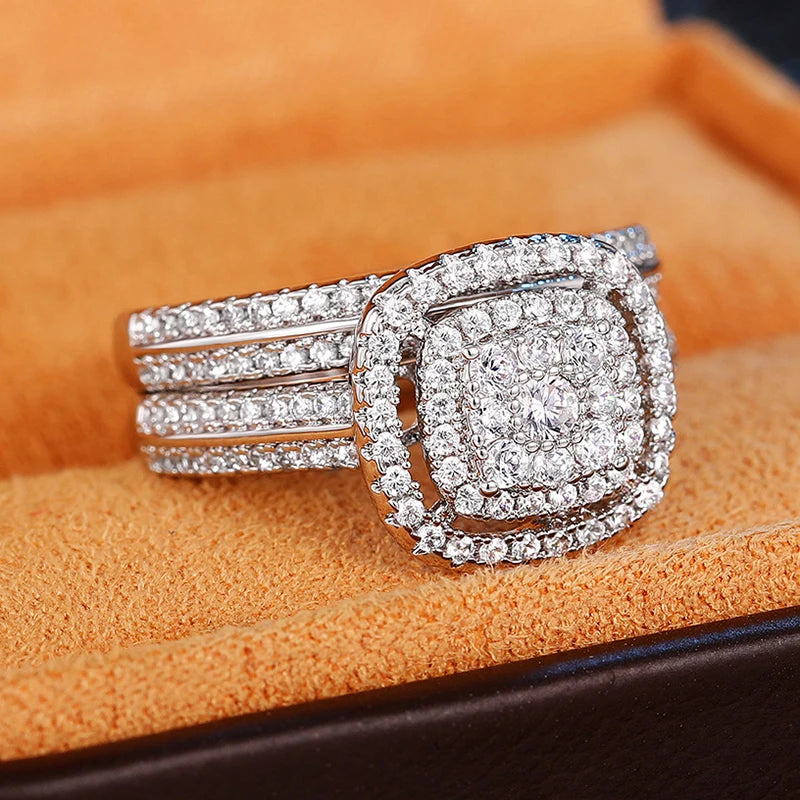 Huitan Fashion Cushion Shaped Cubic Zirconia 2Pcs Set Rings for Women Elegant Wedding Bridal Rings Bling Hot Jewelry Wholesale