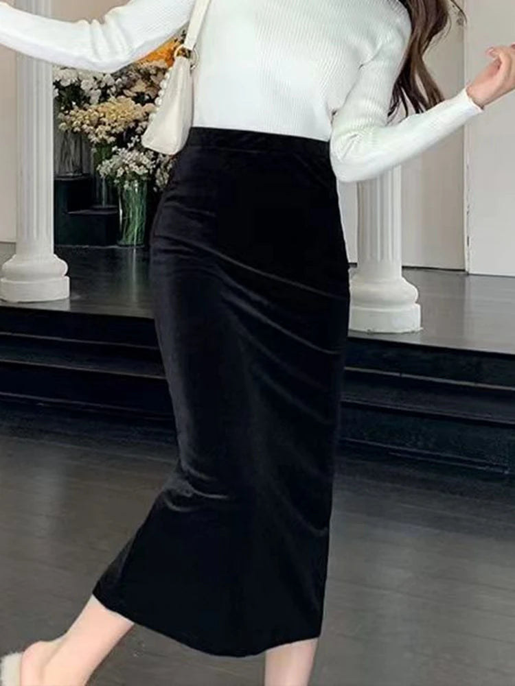 Black Velvet High Waist Midi Skirt - Jeglowstore