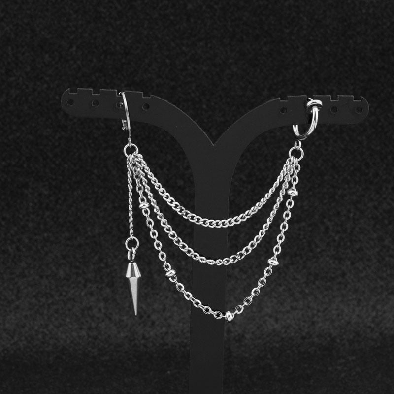 Vintage Men Stainless Steel Earrings Clip Cross Tassel Chain Ear Wrap Cuff Stud Earring Hipster Punk Piercing Ear Accessories