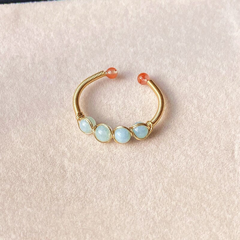 Natural Stone Rainbow Tourmaline Ring Fashion Retro Handmade Metal Wire Winding Beaded Open Adjustable Ring Female Charm Jewelry