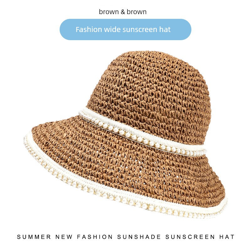 Straw Hat Ins Korean Style Lace-up Cutout Straw Hat Women's Summer Travel Sun-Proof Beach Sun Hat Pearl Edge Sun Hat