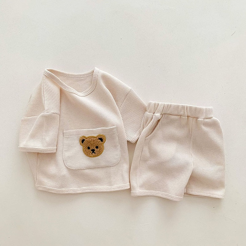 MILANCEL 2023 Summer Baby Clothing Set Waffle Bear Tee and Shorts 2 Pcs Suits Baby Girls Clothes Set