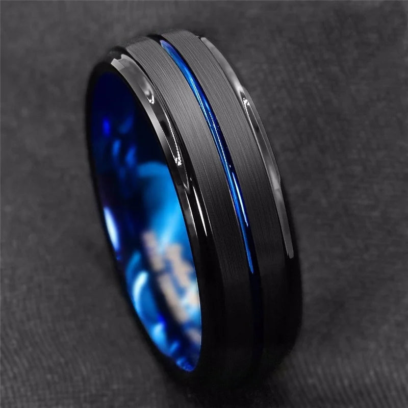 Black Tungsten Men’s Ring with Blue Groove - Jeglowstore