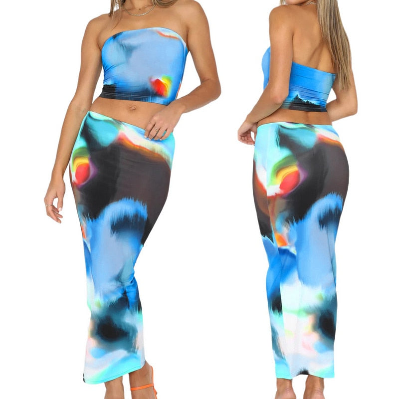 Two Piece Skirt Set Women's Suit y2k Clothes Summer 2023 Sexy Outfit Cropped Top and Split Skirt Chic Elegant Female Clothing