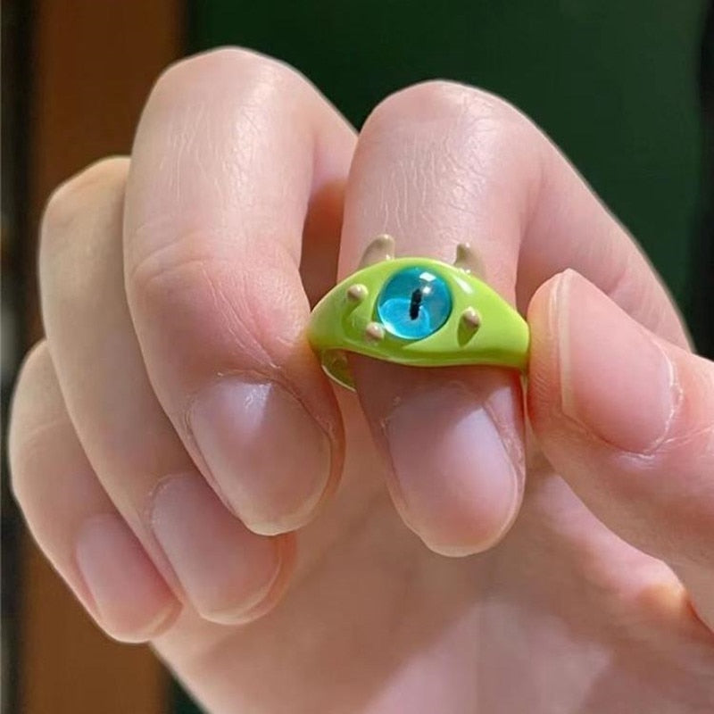 Punk eyes ring Cute Green Monster Ring For Women Fashion Sweet Two Color Cat Eyes Open Couple Ring party Finger Accessories