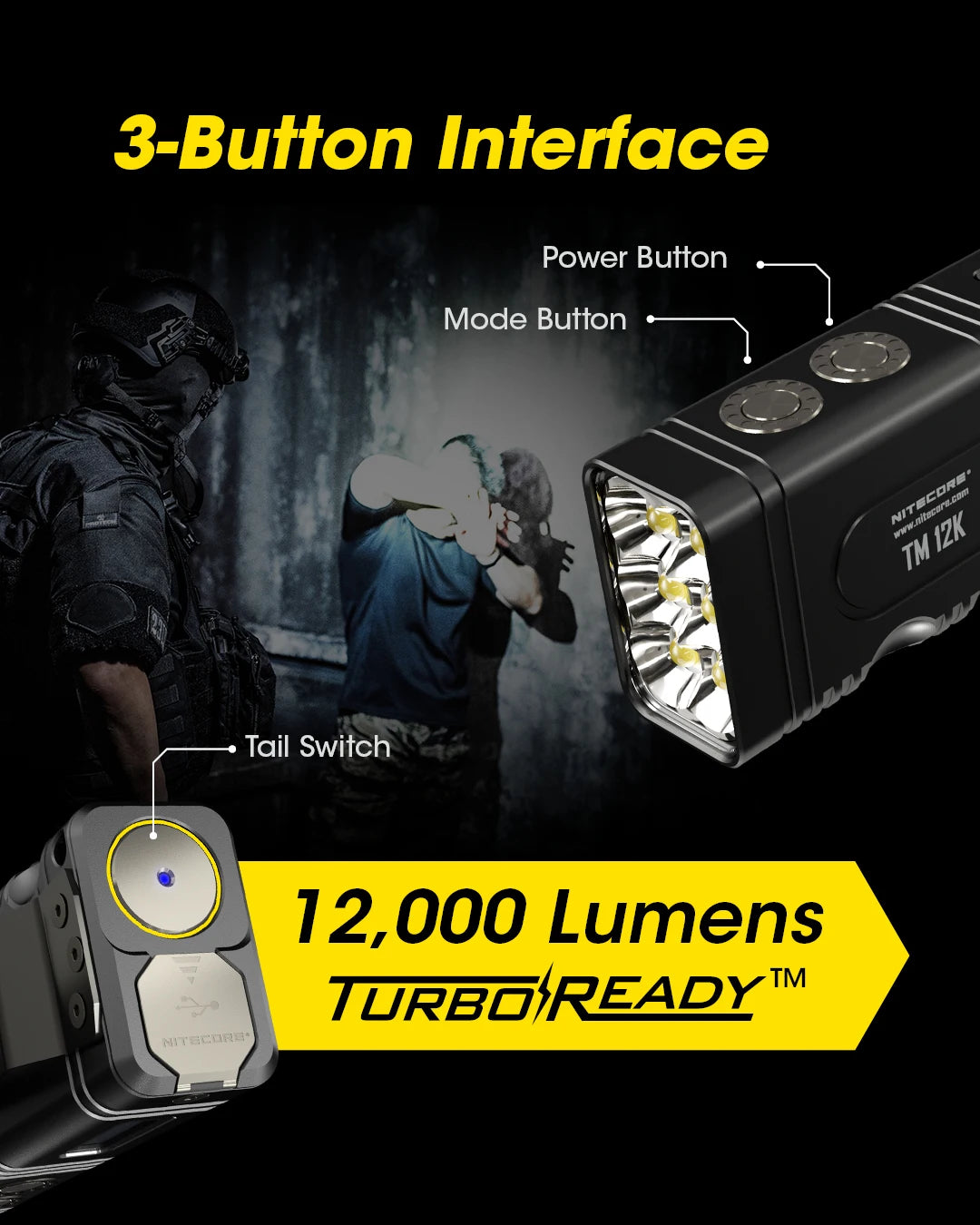 NITECORE TM12K Tactical Flashlight Powerful USB-C Rechargeable Super Bright 18W QC Searchlight CREE XHP50, 21700 Li-ion Battery