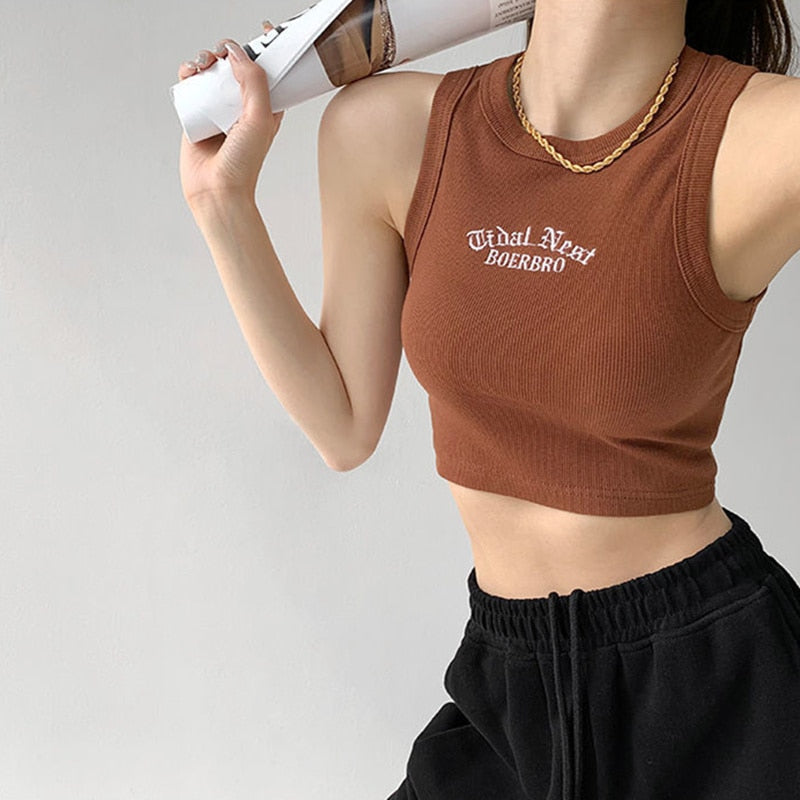 Women's Tank Top Ribbed Knitted Embroidery Letter Vest Female Summer Clothing Crop top White Black Casual Short Tight Sport Tops