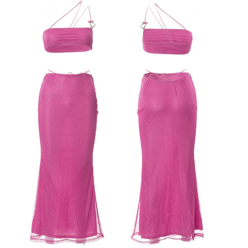 Two Piece Skirt Set Women's Suit y2k Clothes Summer 2023 Sexy Outfit Cropped Top and Split Skirt Chic Elegant Female Clothing