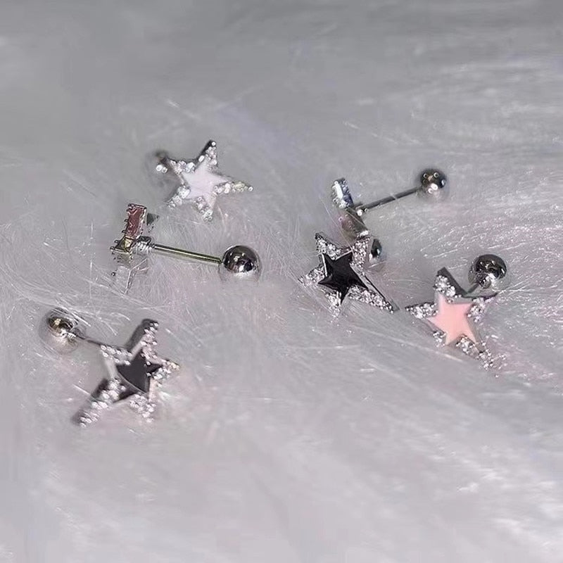 Y2K Shinning Pentagram Star Stud Earring for Women Egirl 90s Black White Pink Helix Piercing Ear Bone Nail Jewelry Accessories
