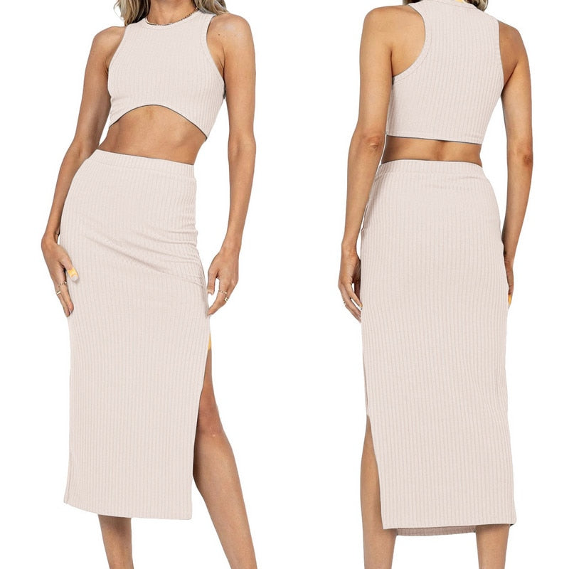 Two Piece Skirt Set Women's Suit y2k Clothes Summer 2023 Sexy Outfit Cropped Top and Split Skirt Chic Elegant Female Clothing