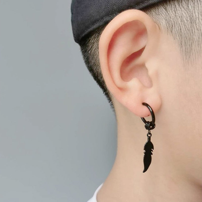 1Pcs Fashion Feather Hoop Stud Earrings For Women men 2022 New Punk Rock Style High Quality Stainless Steel Ear Jewelry Earrings