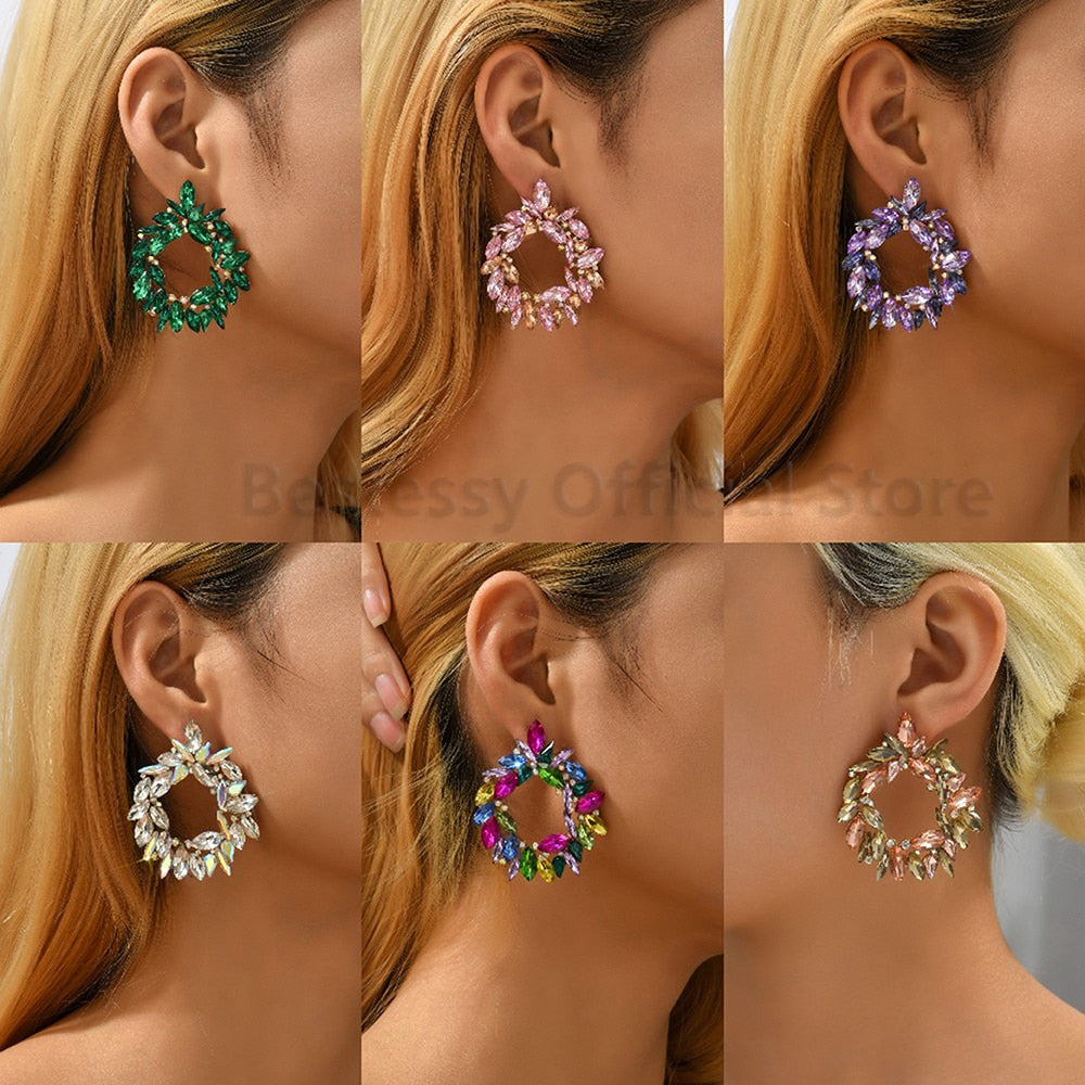 Shiny Rhinestone Piercing Earrings For Women Large Round Elegant Crystal Luxury Ear Studs Girl Trendy Statement Fashion Jewelry