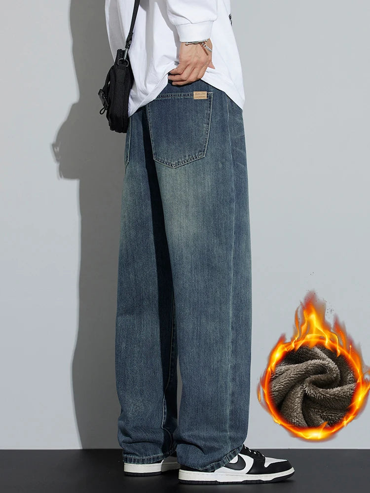 Men’s Korean Fleece Wide Jeans - Jeglowstore