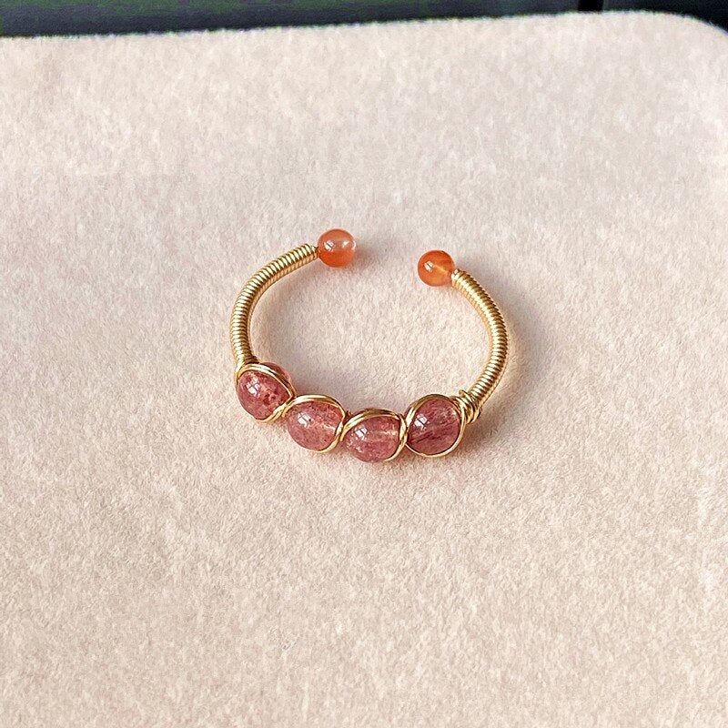 Natural Stone Rainbow Tourmaline Ring Fashion Retro Handmade Metal Wire Winding Beaded Open Adjustable Ring Female Charm Jewelry