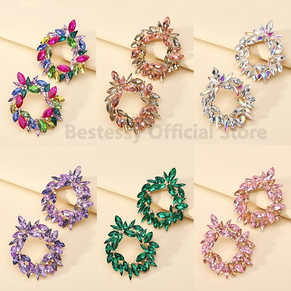 Shiny Rhinestone Piercing Earrings For Women Large Round Elegant Crystal Luxury Ear Studs Girl Trendy Statement Fashion Jewelry