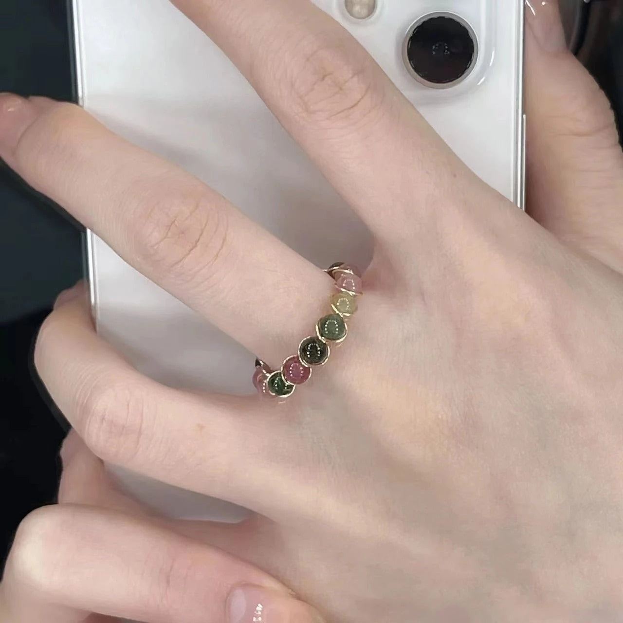 Natural Stone Rainbow Tourmaline Ring Fashion Retro Handmade Metal Wire Winding Beaded Open Adjustable Ring Female Charm Jewelry