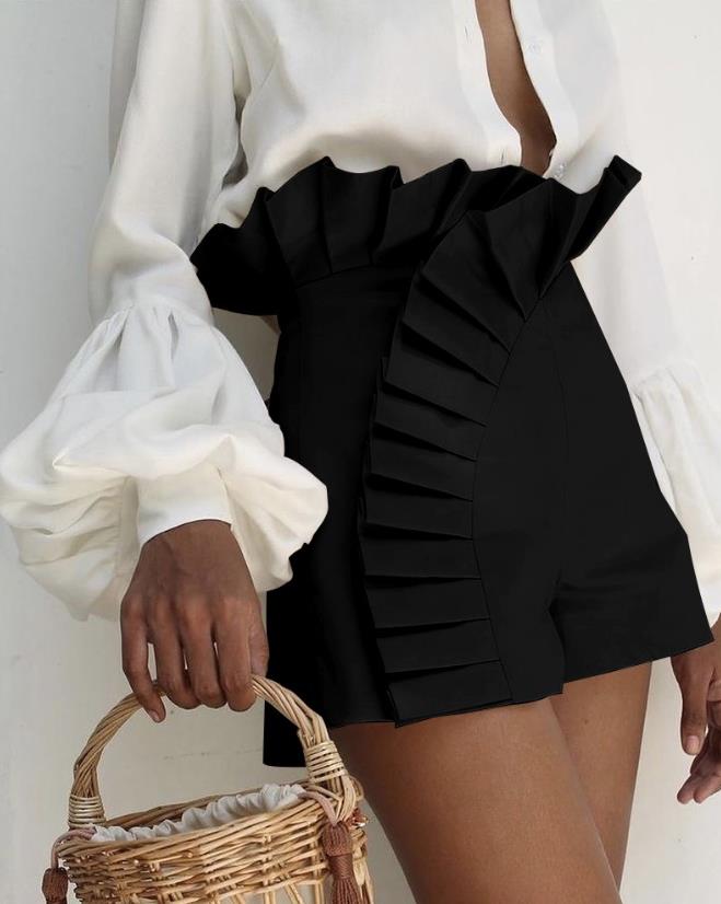 2023 New Fashion Women's Bottom Ruffle Hem Ruched High Waist Shorts Elegant Summer Casual Female Clothing Outfits
