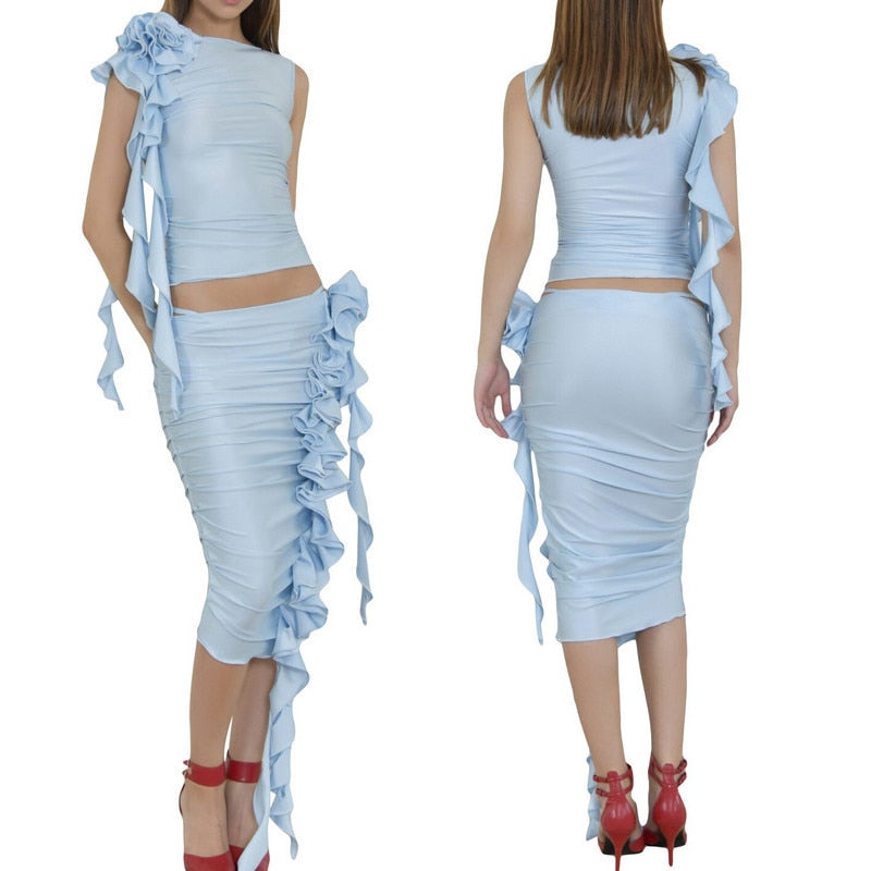 Two Piece Skirt Set Women's Suit y2k Clothes Summer 2023 Sexy Outfit Cropped Top and Split Skirt Chic Elegant Female Clothing