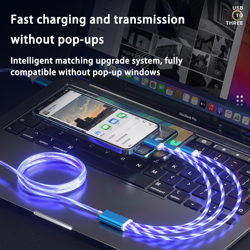 3 in 1 3A Fast Charging Glowing LED Light Micro USB Type C Cable For iPhone Samsung Xiaomi Redmi Phone Charger USB Cable