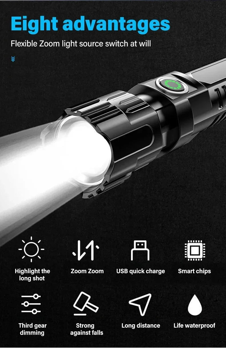 Super Bright LED Flashlight USB Rechargeable Flashlights with Tactical Zoom High Power Spotlight Outdoor Camping Fishing Torch