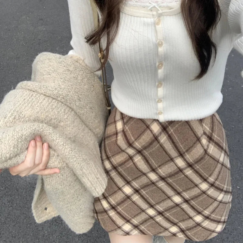 Wool Plaid High Waist Mini Skirt