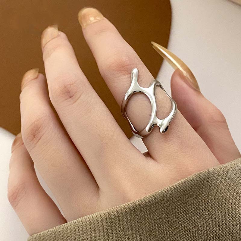 2023 New Arrival Irregular Hollow Silver Color Wide Ring Female Fashion Retro Unique Design Handmade Jewelry Gifts