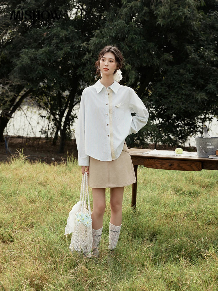 Women’s Contrast Placket Stripe Shirt - Jeglowstore