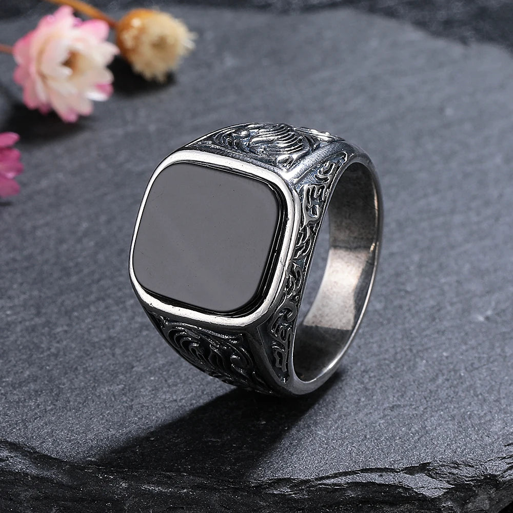 Men’s Black Agate Sterling Silver Ring - Jeglowstore