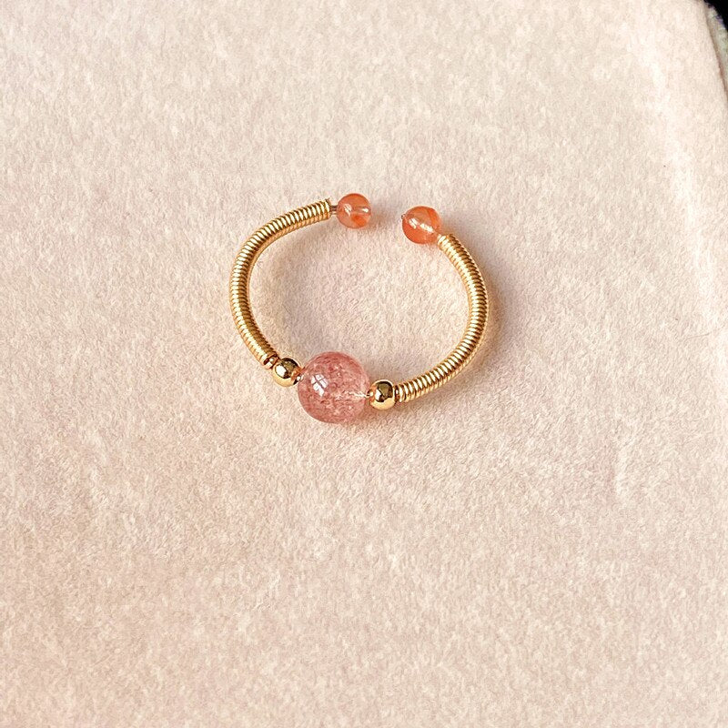 Natural Stone Rainbow Tourmaline Ring Fashion Retro Handmade Metal Wire Winding Beaded Open Adjustable Ring Female Charm Jewelry