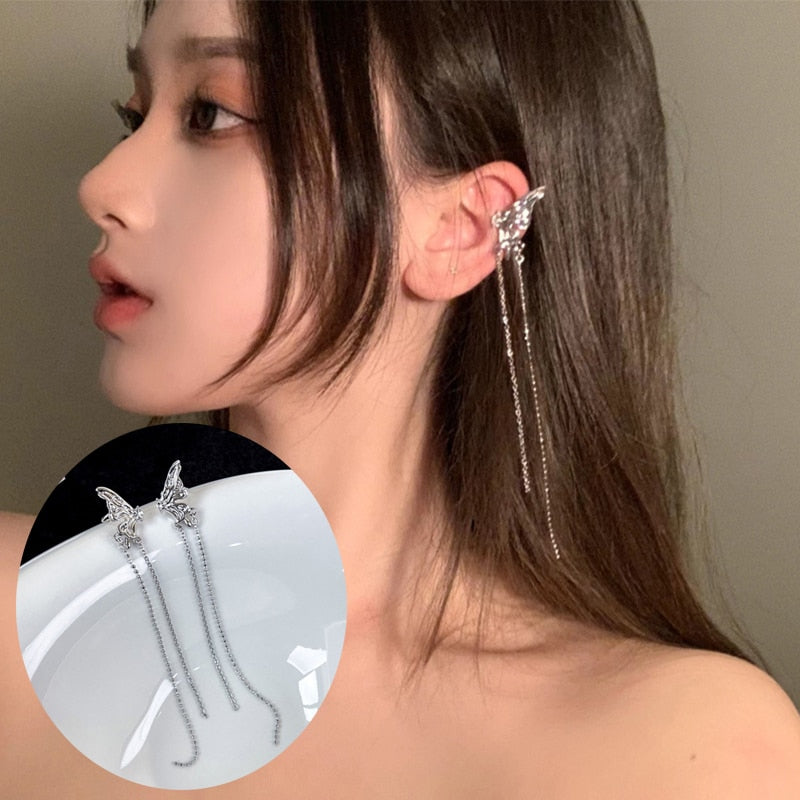 Exquisite Fairy Butterfly Tassel Ear Clips Angel Ear Bone Clip Earring Elf Female No Ear Hole Ear Cuff Fashion Hanging Earring