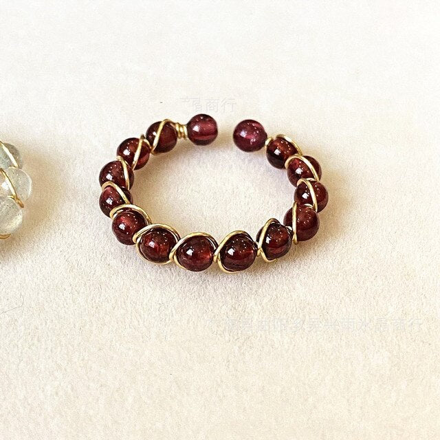 Natural Stone Rainbow Tourmaline Ring Fashion Retro Handmade Metal Wire Winding Beaded Open Adjustable Ring Female Charm Jewelry