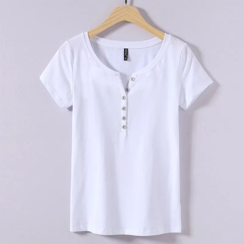 Women’s V-Neck Button Cotton T-Shirt