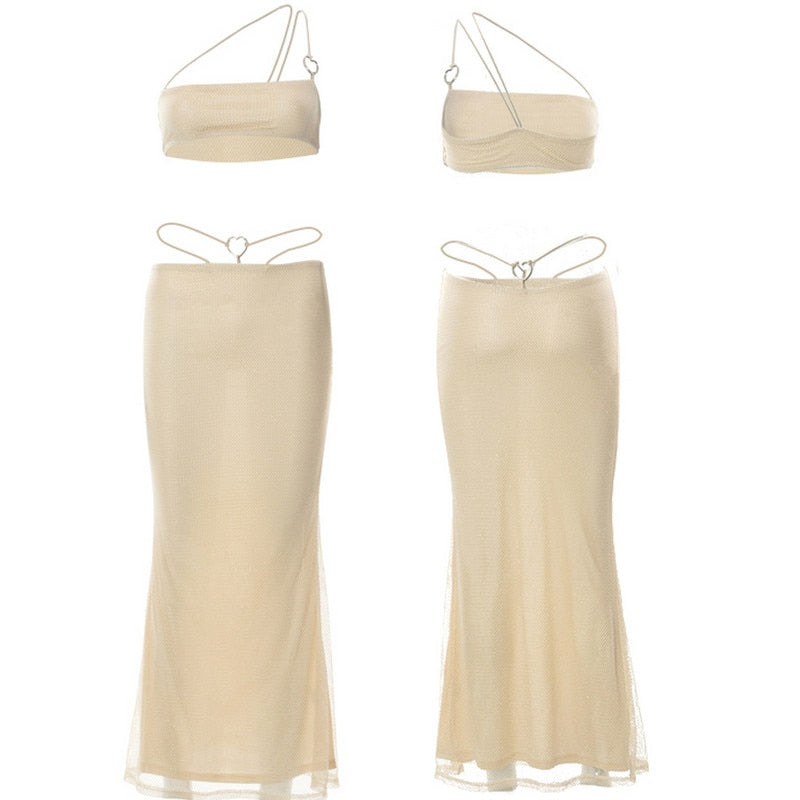 Two Piece Skirt Set Women's Suit y2k Clothes Summer 2023 Sexy Outfit Cropped Top and Split Skirt Chic Elegant Female Clothing