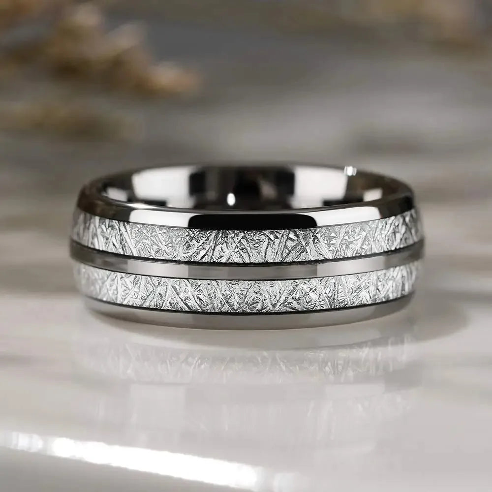 Titanium Wedding Band with Silver Double Groove & Meteorite Inlay - Jeglowstore