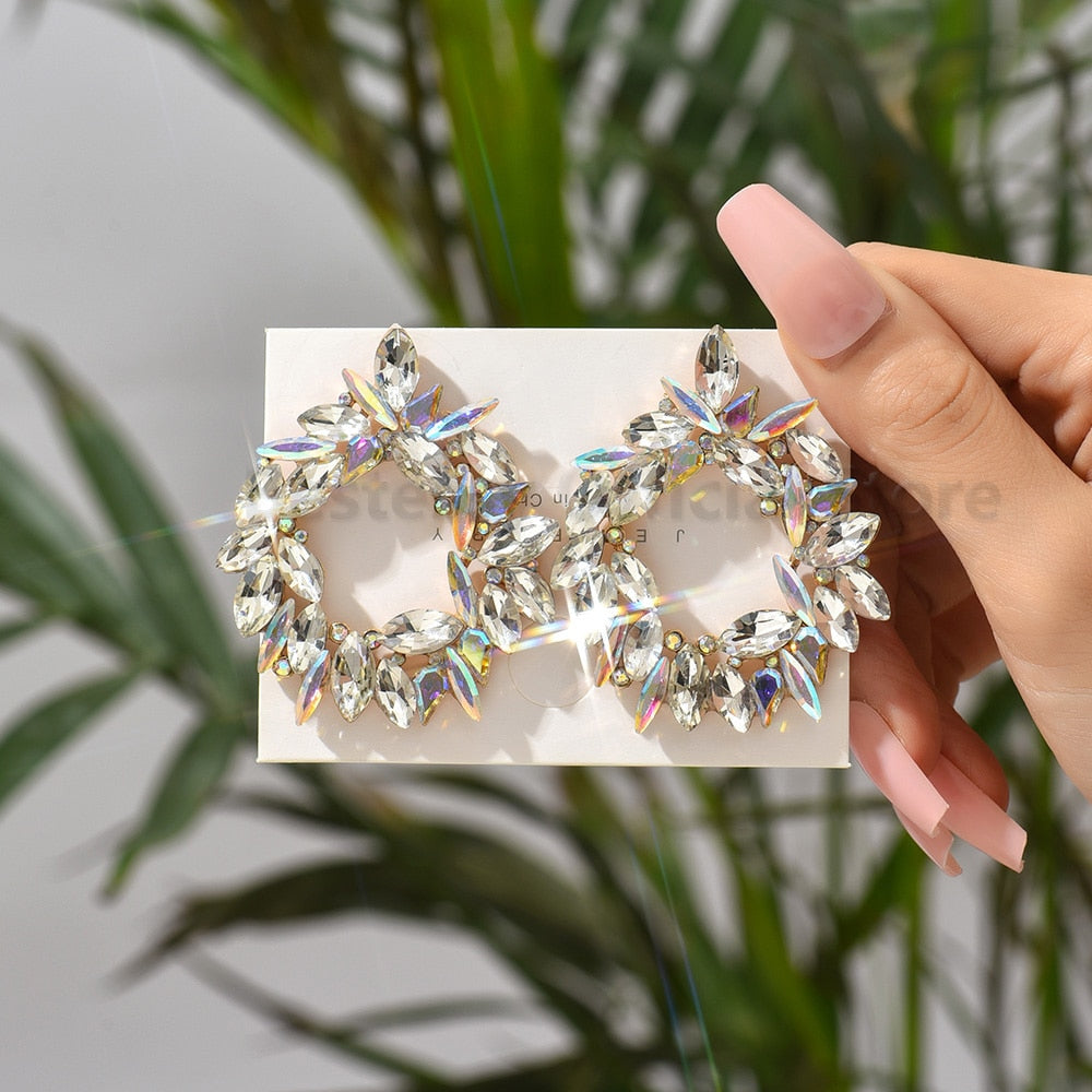Shiny Rhinestone Piercing Earrings For Women Large Round Elegant Crystal Luxury Ear Studs Girl Trendy Statement Fashion Jewelry