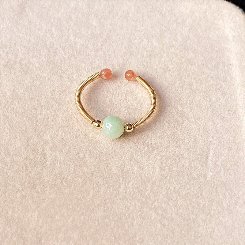 Natural Stone Rainbow Tourmaline Ring Fashion Retro Handmade Metal Wire Winding Beaded Open Adjustable Ring Female Charm Jewelry