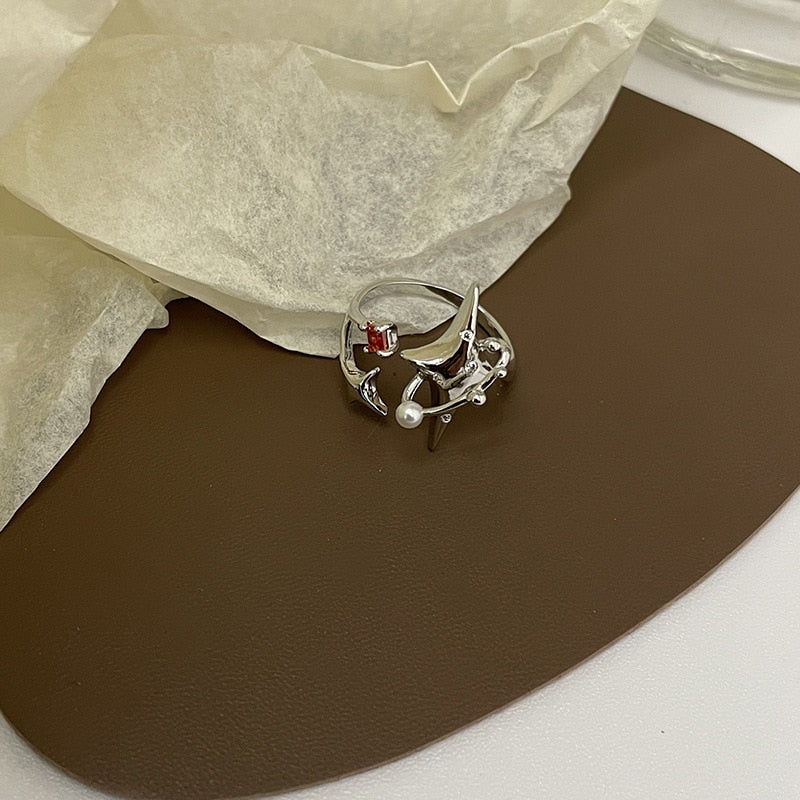 New Design Irregular Zircon Star Ring Creative Spiral Cross Star Open Rings Aesthetic Geometric Jewelry Party Gift