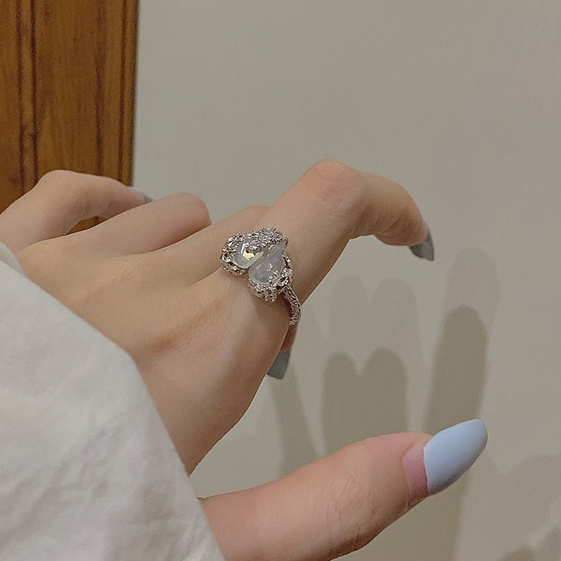 Kpop Crystal Love Heart Open Ring For Women Wedding Luxury Vintage Jewelry Y2K Accessories