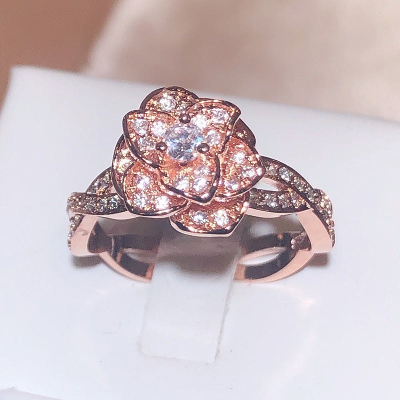 925 Sterling Silver InterTwined Three-Dimensional Rose Ring White Zircon Full Diamond Ring Ladies Temperament Elegant Jewelry