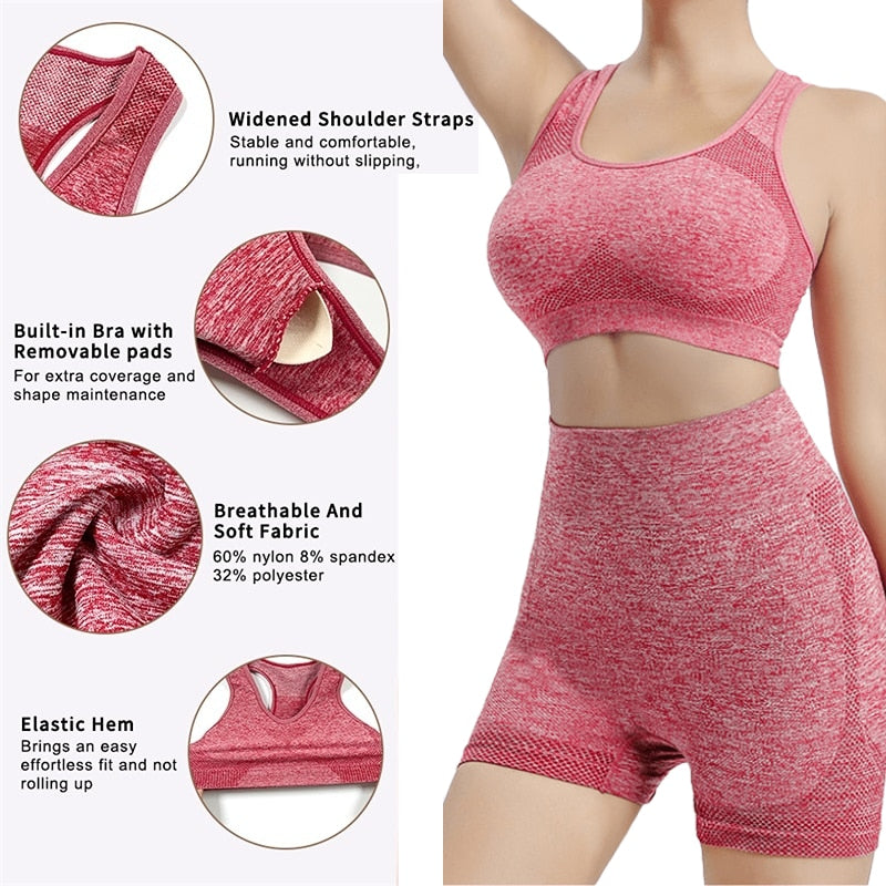 Seamless Women Yoga Set Workout Shirts Sport Shorts Bra Gym Suits Fitness Shorts Crop Top High Waist Running Sports Sets