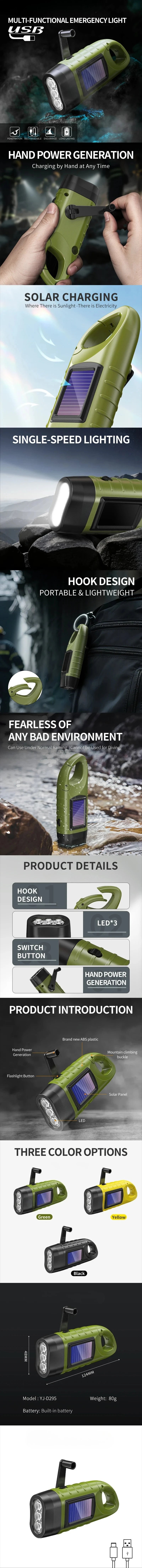 Solar Led Flashlights Portable Hand Cranked Dynamo Torch for Outdoor Riding Camping Power Hiking Long-range Emergency Lantern