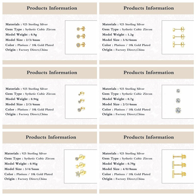 CANNER Aros 18K Gold Plated Earring Set 925 Sterling Silver Small Ear Bone Piercing Earrings For Women 3PCS Jewelry Accessories