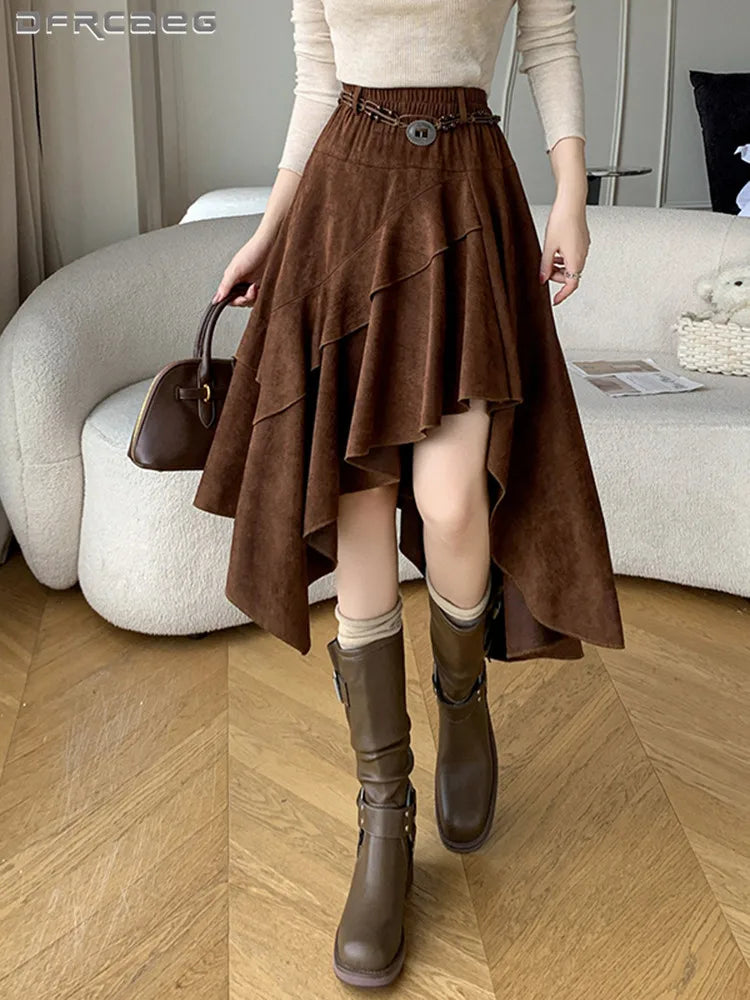 Autumn Winter Suede Asymmetrical Midi Skirt